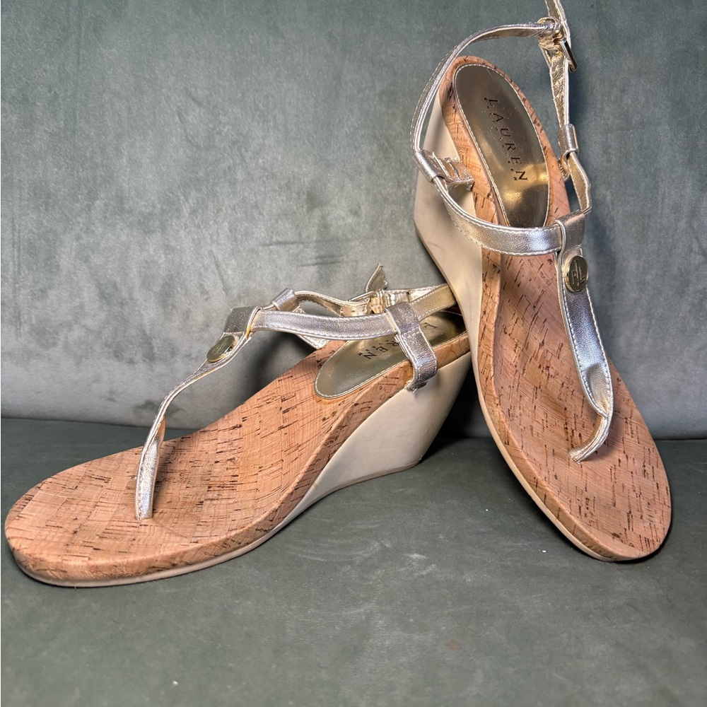 Lauren Ralph Lauren Silver Wedge Sandals with Ankle Strap